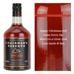 Engraved text on a bottle of Personalised Chairman Reserve Spiced Rum 70cl Engraved text on a bottle of Personalised Chairman Reserve Spiced Rum 70cl