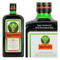 Engraved text on a bottle of Personalised Jagermeister Herbal Liqueur 70cl Engraved text on a bottle of Personalised Jagermeister Herbal Liqueur 70cl