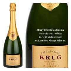 Engraved text on a bottle of Personalised Krug Grand Cuvee Champagne 75cl Engraved text on a bottle of Personalised Krug Grand Cuvee Champagne 75cl