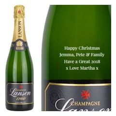 Engraved text on a bottle of Personalised Lanson Black Label Magnum Champagne 150cl Engraved text on a bottle of Personalised Lanson Black Label Magnum Champagne 150cl