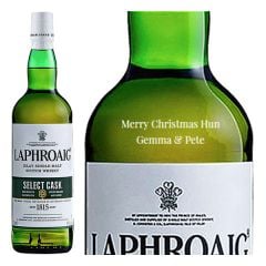 Engraved text on a bottle of Personalised Laphroaig Select Whisky 70cl Engraved text on a bottle of Personalised Laphroaig Select Whisky 70cl
