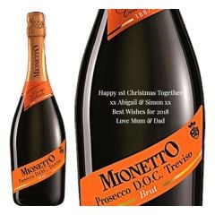 Engraved text on a bottle of Personalised Mionetto Prosecco DOCG 75cl Engraved text on a bottle of Personalised Mionetto Prosecco DOCG 75cl