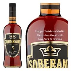 Engraved text on a bottle of Personalised Soberano Reserva 5 Brandy 70cl Engraved text on a bottle of Personalised Soberano Reserva 5 Brandy 70cl