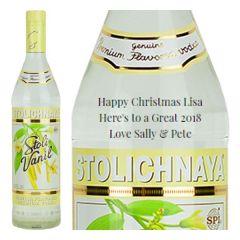 Engraved text on a bottle of Personalised Stolichnaya Vanilla Vodka 70cl Engraved text on a bottle of Personalised Stolichnaya Vanilla Vodka 70cl