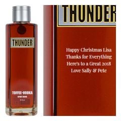 Engraved text on a bottle of Personalised Thunder Toffee Vodka 70cl Engraved text on a bottle of Personalised Thunder Toffee Vodka 70cl