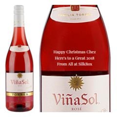 Engraved text on a bottle of Personalised Torres Vina Sol Rose Catalunya Wine 75cl Engraved text on a bottle of Personalised Torres Vina Sol Rose Catalunya Wine 75cl