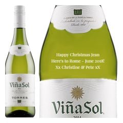 Engraved text on a bottle of Personalised Torres Vina Sol White Wine 75cl Engraved text on a bottle of Personalised Torres Vina Sol White Wine 75cl