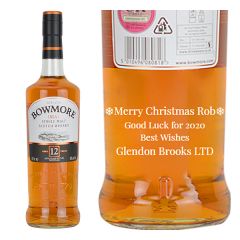 Engraved text on a bottle of Personalised Bowmore 12 Year Old Whisky 70cl Engraved text on a bottle of Personalised Bowmore 12 Year Old Whisky 70cl